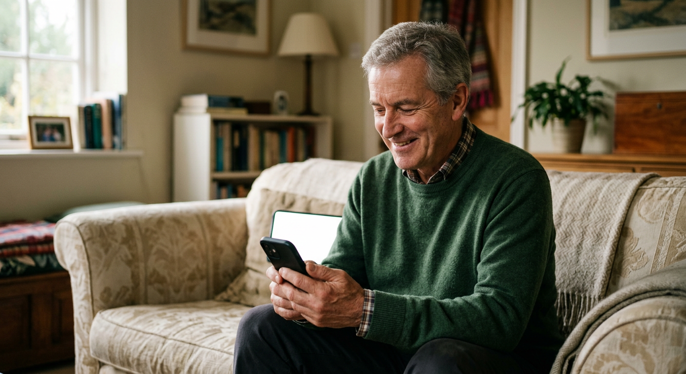 A retiree reading a pension rules notification on his phone at home
