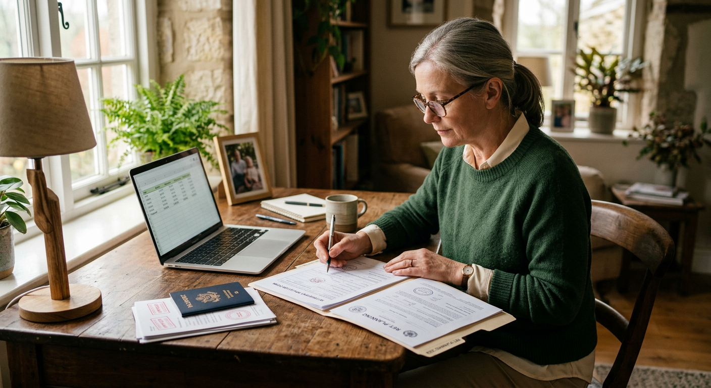 A retiree reviewing pension paperwork, a passport and a laptop spreadsheet at her kitchen table